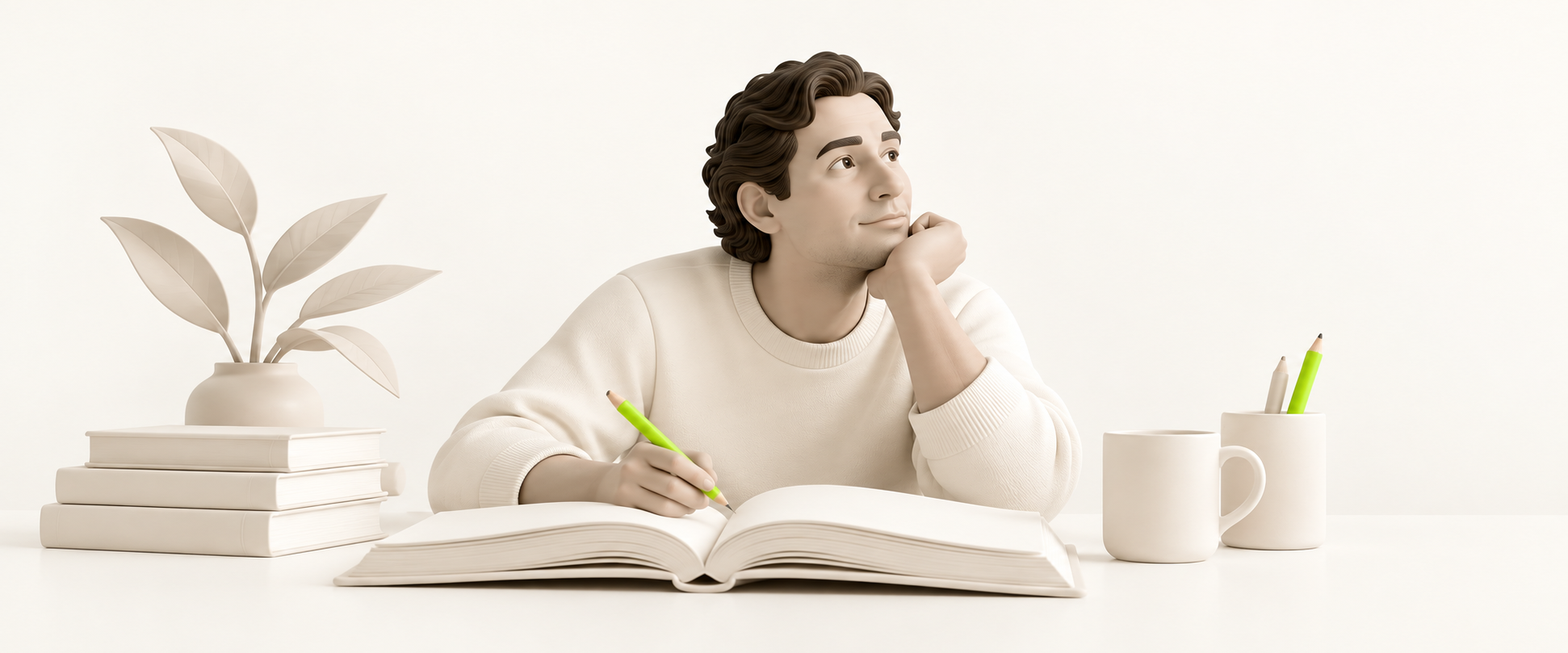 Een schrijver met een groene pen denkt na boven een open boek.